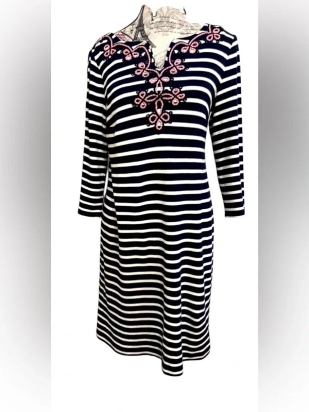 Talbots Petite Embroidered Nautical Stripe Cotton Dress MP | Coastal Chic Resort - Picture 2 of 9